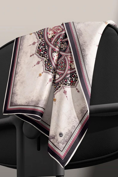 % 57 İPEK % 43 VİSKON Twill İpek Şal Desenli Siyah - Bordo Renkli 90x90 Eşarp Dikim Şekli : El Dikişi - Resim 6