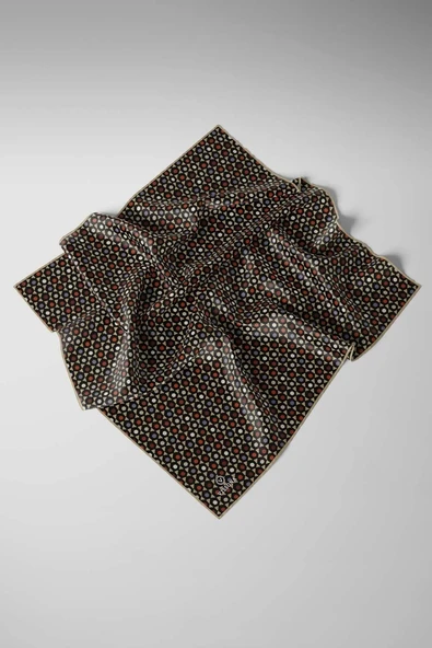 %100 Twill İpek Nokta Desenli Siyah - Bej Renkli 90x90 Eşarp Dikim Şekli : El Dikişi - Resim 3