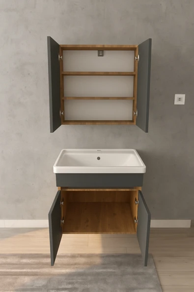 Tokyo Seramik Lavabolu Modern Aynalı Banyo Dolabı MDF - Resim 6