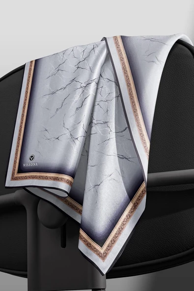 % 57 İPEK % 43 VİSKON Twill İpek Mermer Desenli Gümüş Renkli 90x90 Eşarp Dikim Şekli : El Dikişi - Resim 5