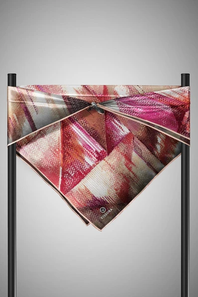 %100 Twill İpek Efektli ve Geometrik Desenli Somon - Pudra Renkli 90x90 Eşarp Dikim Şekli : El Dikişi - Resim 5