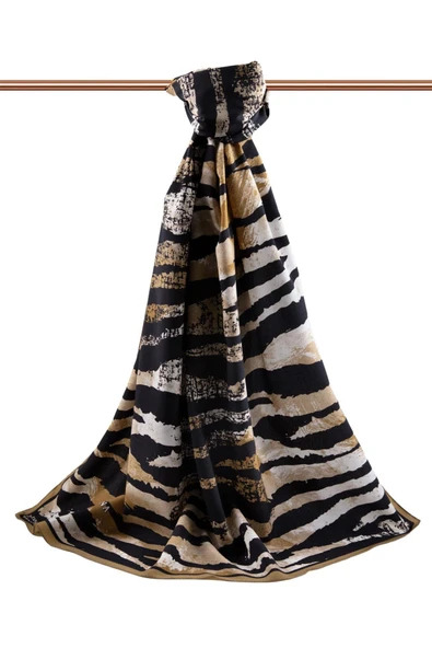 LÜKS MEDİNE İPEĞİ ZEBRA DESENLİ GOLD - SİYAH RENKLİ 75X195 KIRIŞMAZ ŞAL MOSS KREP DİKİŞ TİPİ İTALYAN DİKİŞLİ - Resim 2