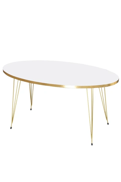 Zigon Sehpa ve Orta Sehpa Beyaz Elips Set Tel Ayak Gold - Resim 2