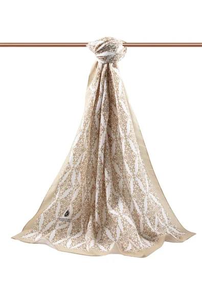 LÜKS MEDİNE İPEĞİ BAROK DESENLİ BEJ RENKLİ KIRIŞMAZ ŞAL MOSS KREP DİKİŞ TİPİ İTALYAN DİKİŞLİ - Resim 2