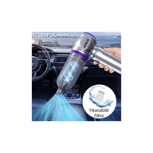 Ezere 17000PA Güçlü Portatif Tasinabilir Vakumlu Kablosuz Üflemeli Mini Araç İçi El Süpürgesi - Resim 6