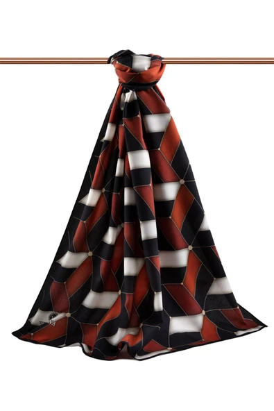 LÜKS MEDİNE İPEĞİ GEOMETRİK DESENLİ KIRMIZI RENKLİ 75X195 KIRIŞMAZ ŞAL MOSS KREP DİKİŞ TİPİ İTALYAN DİKİŞLİ - Resim 2