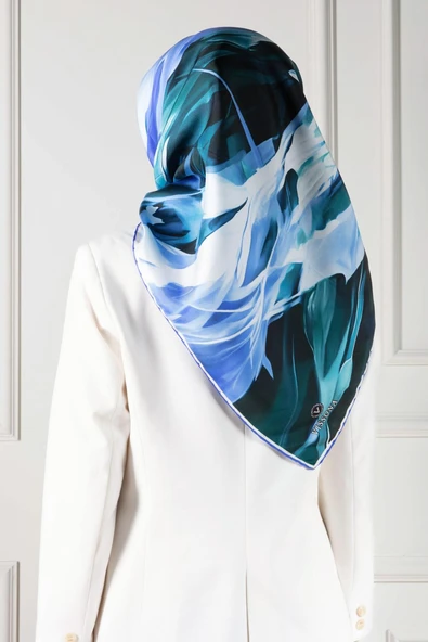 %100 Twill İpek Yaprak Desenl Mint Yeşili - Saks Renkli 90x90 Eşarp Dikim Şekli : El Dikişi - Resim 5