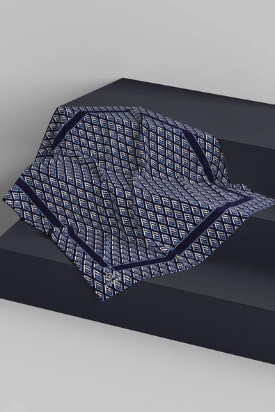 % 57 İPEK % 43 VİSKON Twill İpek Geometrik Desenli Lacivert - İndigo Renkli 90x90 Eşarp Dikim Şekli : El Dikişi - Resim 6