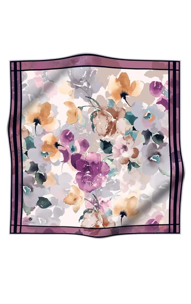 %100 Twill İpek Sulu Boyalı Çiçek Desenli Mor - Vizon Renkli 90x90 Eşarp Dikim Şekli : El Dikişi - Resim 2