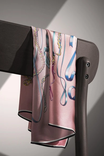 %100 Twill İpek Kurdele Ve Zincir Desenli Pudra Renkli 90x90 Eşarp Dikim Şekli : El Dikişi - Resim 4