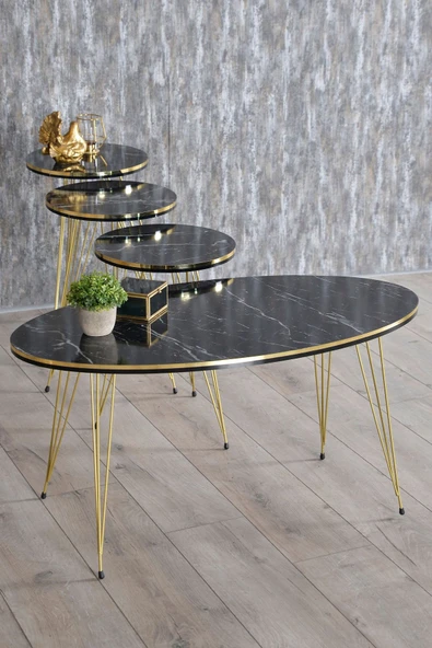 Zigon Sehpa Ve Orta Sehpa Elips Set Tel Ayak Çift Gold Bendir - Resim 5