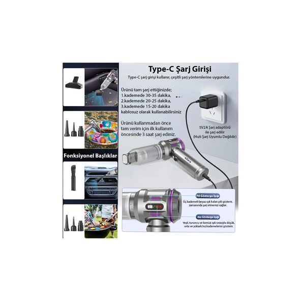 Ezere 16000PA Güçlü Dijital Göstergeli Vakumlu Kablosuz Üflemeli Mini Araç Süpürgesi - Resim 7