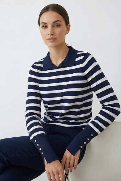 Kadın Polo Yaka Çizgili Kazak Lacivert ürün görseli 1