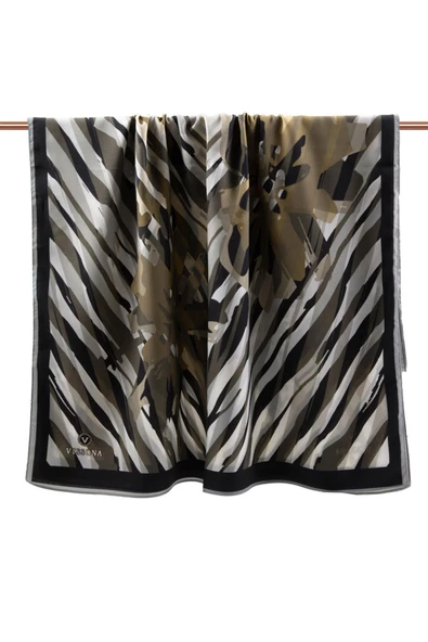 LÜKS MEDİNE İPEĞİ ZEBRA VE ÇİÇEK DESENLİ GRİ RENKLİ 75X195 KIRIŞMAZ ŞAL MOSS KREP DİKİŞ TİPİ İTALYAN DİKİŞLİ - Resim 2