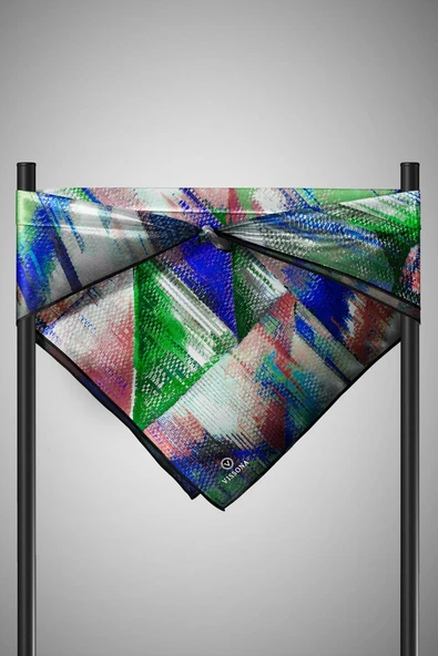 %100 Twill İpek Efektli ve Geometrik Desenli Saks - Mint Yeşili Renkli 90x90 Eşarp Dikim Şekli : El Dikişi - Resim 5