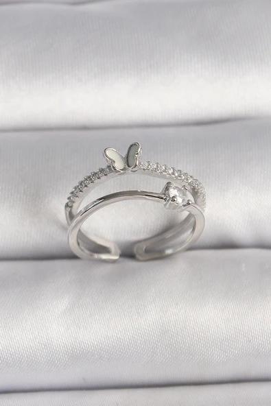 Pirinç Gümüş Renk Zirkon Taşlı Kelebek Figürlü Ayarlanabilir Yüzük ürün görseli 1