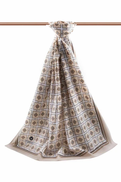 LÜKS MEDİNE İPEĞİ KARE DESENLİ BEJ RENKLİ 75X195 KIRIŞMAZ ŞAL MOSS KREP DİKİŞ TİPİ İTALYAN DİKİŞLİ - Resim 2