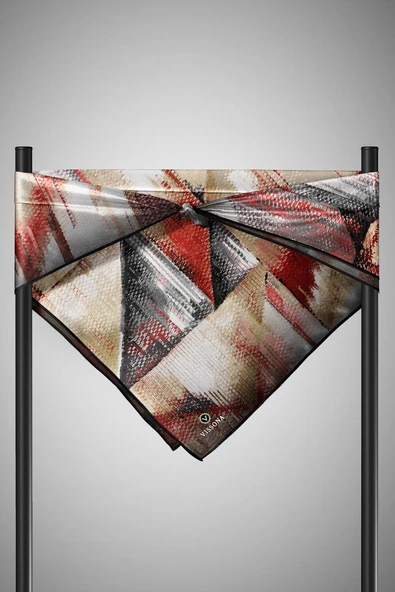 %100 Twill İpek Efektli ve Geometrik Desenli Bej - Kırmızı Renkli 90x90 Eşarp Dikim Şekli : El Dikişi - Resim 6