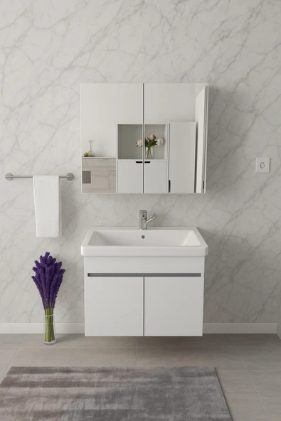 Tokyo Seramik Lavabolu Modern Aynalı Banyo Dolabı MDF - Resim 3