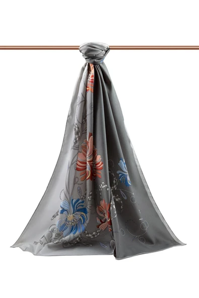 LÜKS MEDİNE İPEĞİ ÇİÇEK DESENLİ GRİ RENKLİ 75X195 KIRIŞMAZ ŞAL MOSS KREP DİKİŞ TİPİ İTALYAN DİKİŞLİ - Resim 2