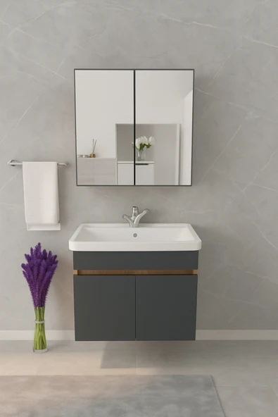 Tokyo Seramik Lavabolu Modern Aynalı Banyo Dolabı MDF - Resim 3