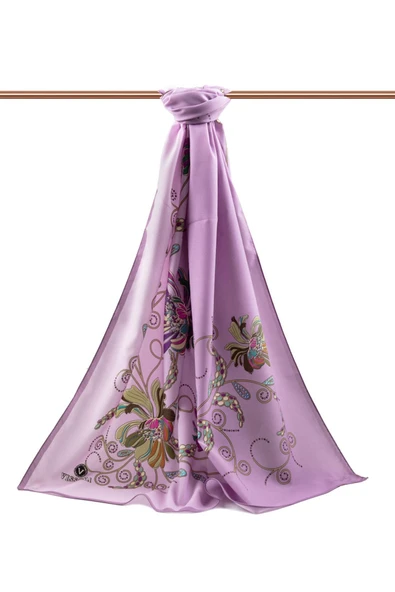 LÜKS MEDİNE İPEĞİ ÇİÇEK DESENLİ LİLA RENKLİ 75X195 KIRIŞMAZ ŞAL MOSS KREP DİKİŞ TİPİ İTALYAN DİKİŞLİ - Resim 2