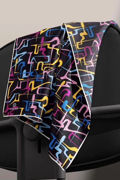 % 57 İPEK % 43 VİSKON Twill İpek Soyut Geometrik Desenli Sarı - Pembe Renkli 90x90 Eşarp Dikim Şekli : El Dikişi - Resim 5