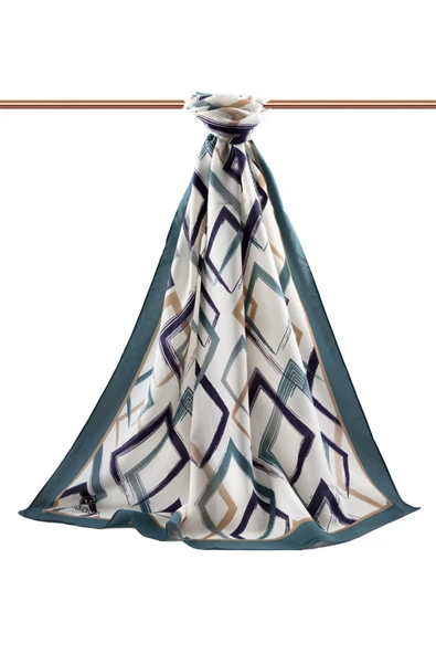 LÜKS MEDİNE İPEĞİ GEOMETRİK DESENLİ MİNT YEŞİLİ RENKLİ 75X195 KIRIŞMAZ ŞAL MOSS KREP DİKİŞ TİPİ İTALYAN DİKİŞLİ - Resim 2