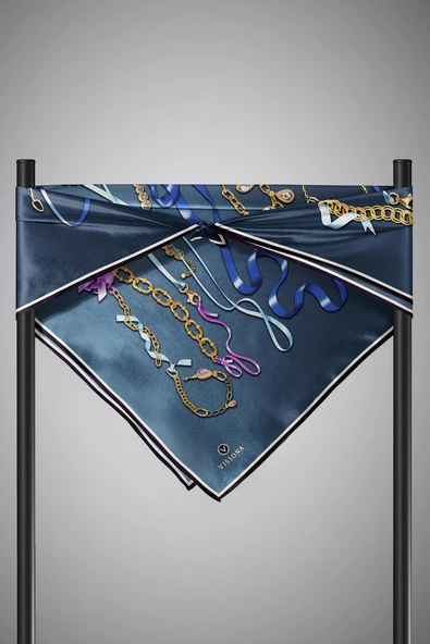 %100 Twill İpek Kurdele Ve Zincir Desenli Petrol Mavisi Renkli 90x90 Eşarp Dikim Şekli : El Dikişi - Resim 6