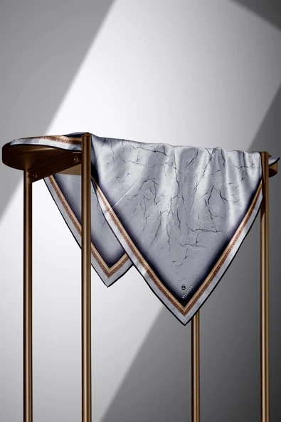 % 57 İPEK % 43 VİSKON Twill İpek Mermer Desenli Gümüş Renkli 90x90 Eşarp Dikim Şekli : El Dikişi - Resim 4