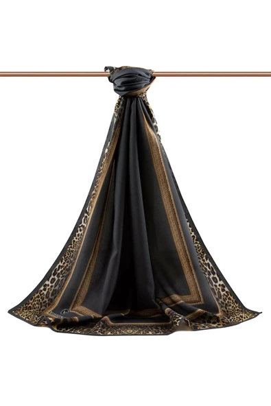 LÜKS MEDİNE İPEĞİ LEOPAR BORDÜR DESENLİ FÜME RENKLİ 75X195 KIRIŞMAZ ŞAL MOSS KREP DİKİŞ TİPİ İTALYAN DİKİŞLİ - Resim 2