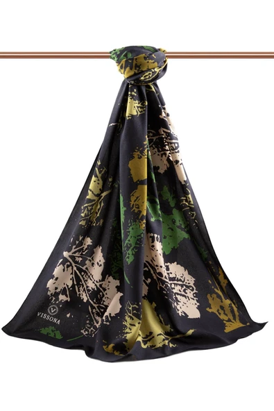 LÜKS MEDİNE İPEĞİ SONBAHAR YAPRAKLARI DESENLİ ZÜMRÜT YEŞİLİ RENKLİ 75X195 KIRIŞMAZ ŞAL MOSS KREP DİKİŞ TİPİ İTALYAN DİKİŞLİ - Resim 2