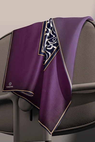 %100 Twill İpek Geometrik Desenli Lacivert - Bordo Renkli 90x90 Eşarp Dikim Şekli : El Dikişi - Resim 3