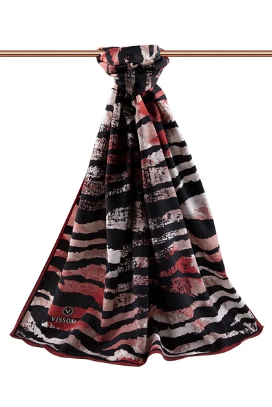 LÜKS MEDİNE İPEĞİ ZEBRA DESENLİ BORDO - SİYAH RENKLİ 75X195 KIRIŞMAZ ŞAL MOSS KREP DİKİŞ TİPİ İTALYAN DİKİŞLİ - Resim 2