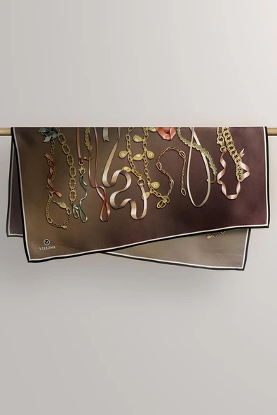 %100 Twill İpek Kurdele Ve Zincir Desenli Bakır - Turuncu Renkli 90x90 Eşarp Dikim Şekli : El Dikişi - Resim 3