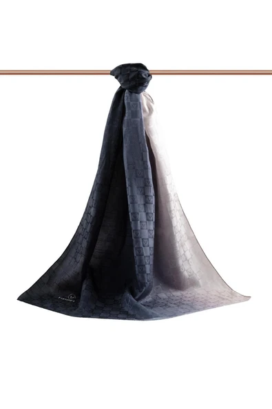 Vissona %57 İPEK %43 PAMUK Degrade Desenli Krem - Lacivert Renkli Şal -  70x190 Dikiş Tipi İtalyan Dikişli - Resim 2