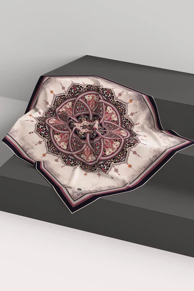 % 57 İPEK % 43 VİSKON Twill İpek Şal Desenli Siyah - Bordo Renkli 90x90 Eşarp Dikim Şekli : El Dikişi - Resim 3