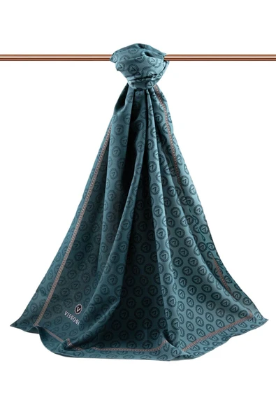 LÜKS MEDİNE İPEĞİ MONOGRAM DESENLİ ZÜMRÜT YEŞİLİ RENKLİ 75X195 KIRIŞMAZ ŞAL MOSS KREP DİKİŞ TİPİ İTALYAN DİKİŞLİ - Resim 2