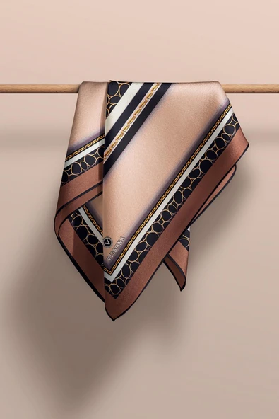 % 57 İPEK %43 VİSKON Twill İpek Gold Halka Desenli Bej - Kahverengi Renkli 90x90 Eşarp Dikim Şekli : El Dikişi - Resim 5