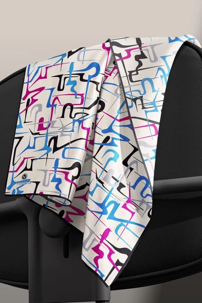 %100 Twill İpek Soyut Geometrik Desenli Fuşya - Saks Renkli 90x90 Eşarp Dikim Şekli : El Dikişi - Resim 5