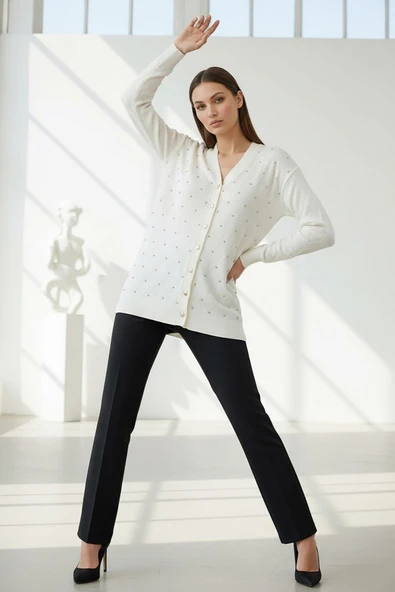 Kadın Merserize Baklava Desen Hırka Ekru - Resim 3