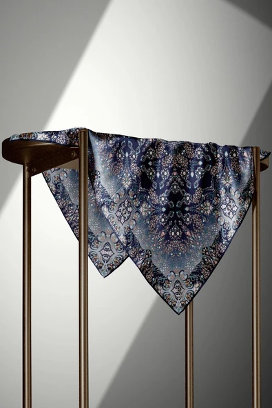 %100 Twill İpek Şal Desenli Lacivert - İndigo Renkli 90x90 Eşarp Dikim Şekli : El Dikişi - Resim 5
