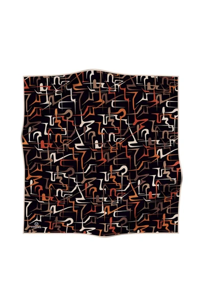 % 57 İPEK % 43 VİSKON Twill İpek Soyut Geometrik Desenli Taba - Sütlü Kahve Renkli 90x90 Eşarp Dikim Şekli : El Dikişi - Resim 2
