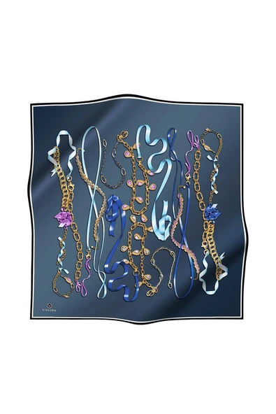 %100 Twill İpek Kurdele Ve Zincir Desenli Petrol Mavisi Renkli 90x90 Eşarp Dikim Şekli : El Dikişi - Resim 2