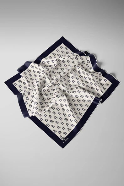 % 57 İPEK % 43 VİSKON Twill İpek Geometrik Desenli Krem - Lacivert Renkli 90x90 Eşarp Dikim Şekli : El Dikişi - Resim 4