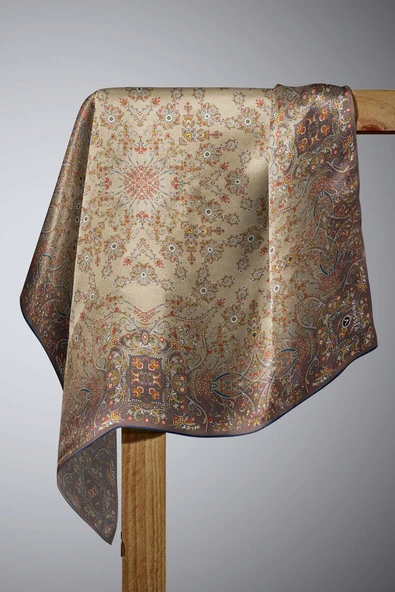 %100 Twill İpek Şal Desenli Kahverengi Renkli 90x90 Eşarp Dikim Şekli : El Dikişi - Resim 5
