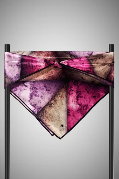 % 57 İPEK % 43 VİSKON Twill İpek Dokulu Ve Geometrik Desenli Mürdüm - Vizon Renkli 90x90 Eşarp Dikim Şekli : El Dikişi - Resim 6