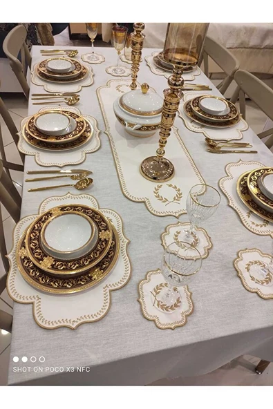 Mucit Home Amerikan Servis Ve  Masa Örtüsü 6 Kişilik 19 Parça Runner Seti Nakışlı Yemek Sunum Takımı - Resim 2