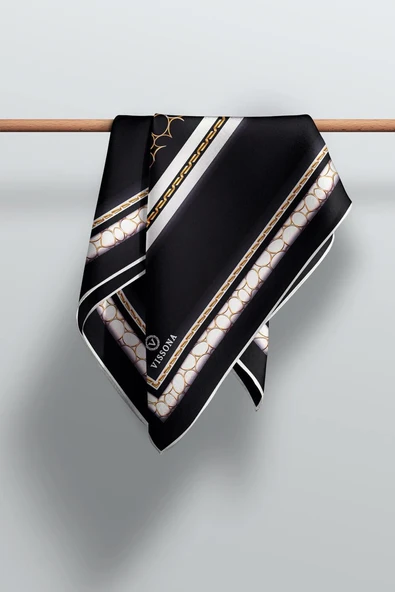 % 57 İPEK %43 VİSKON  Twill İpek Gold Halka Desenli Siyah - Krem Renkli 90x90 Eşarp Dikim Şekli : El Dikişi - Resim 5