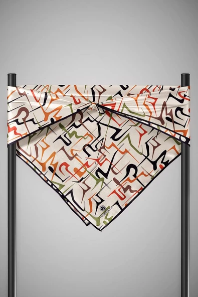 % 57 İPEK % 43 VİSKON Twill İpek Soyut Geometrik Desenli Taba - Haki Renkli 90x90 Eşarp Dikim Şekli : El Dikişi - Resim 6